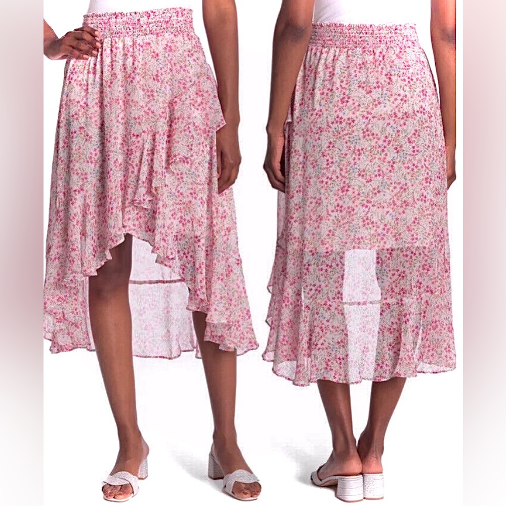 Small OR Medium CeCe Ruffled Floral Asymmetrical Midi Skirt